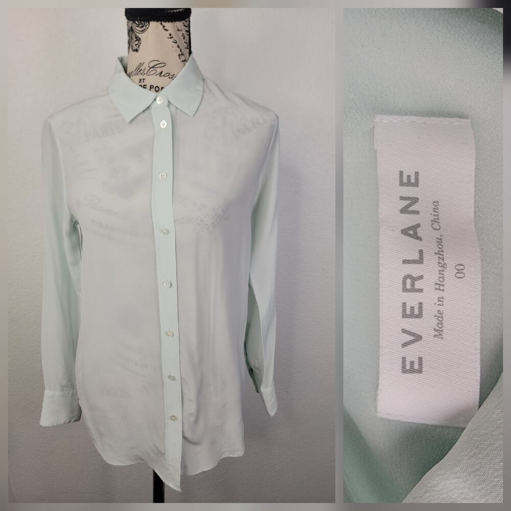 Everlane Blouse Womens SZ 00 Green 100% Silk button Up Shirt Semi Sheer
